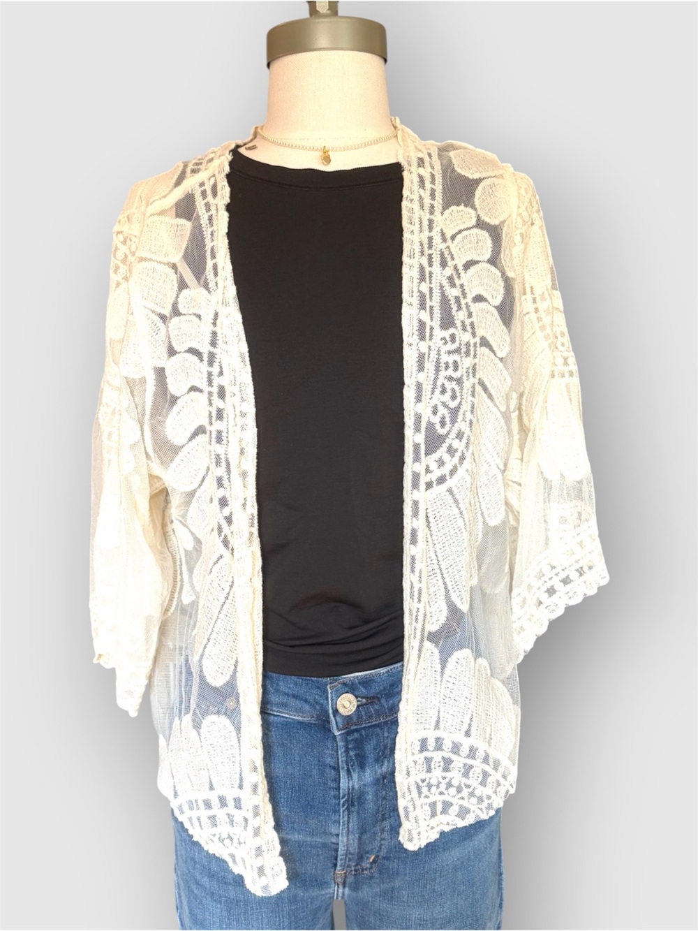 Reworked 1-of-1 Sheer Lace Kimono Eagle Graphic Patch Boho Cardigan - Picture 2 of 5
